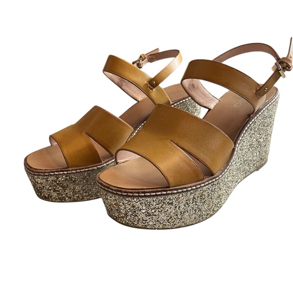 ALDO Gold Glitter Platform Wedge Sandals Ankle Strap Mustard Yellow Sz 10 - Picture 6 of 8